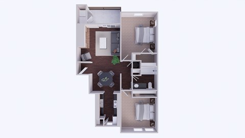A 3D floor plan of a small apartment with a kitchen, living room, and bathroom.